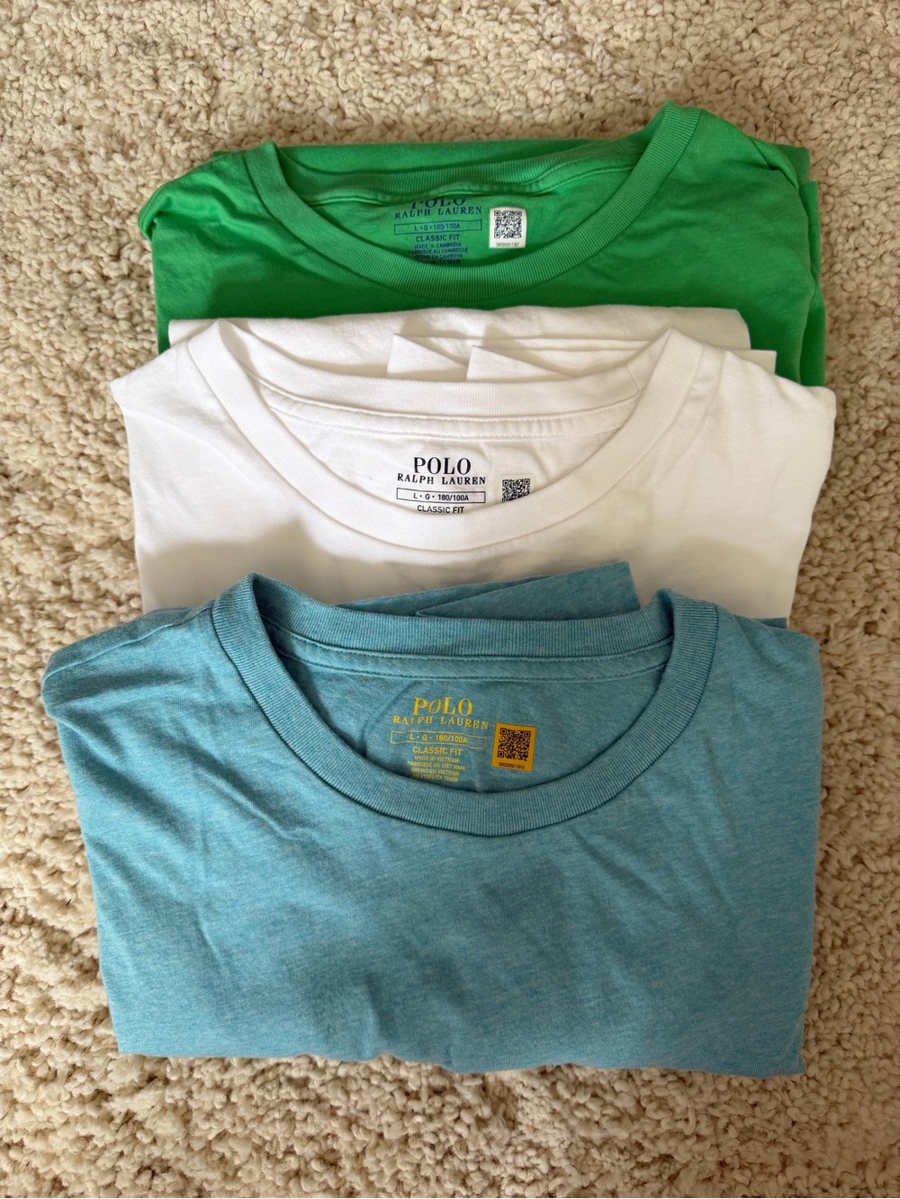 Polo by Ralph Lauren Short Sleeve Tees - Green, White, Blue (3-Pack) size LARGE